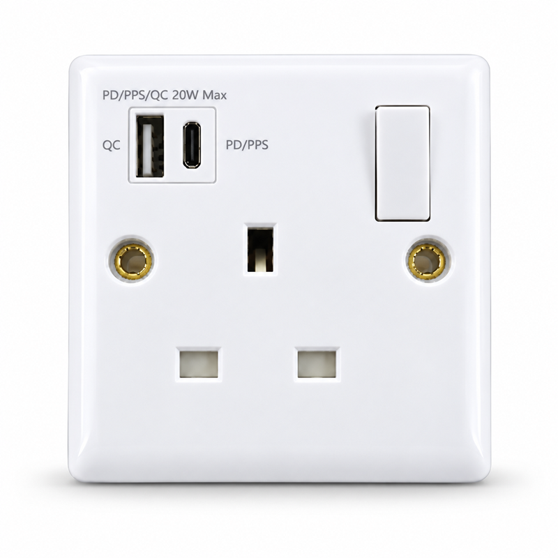 Convex White 1G Switched Socket with USB-A & USB-C Convex White 1G Switched Socket with USB-A & USB-C