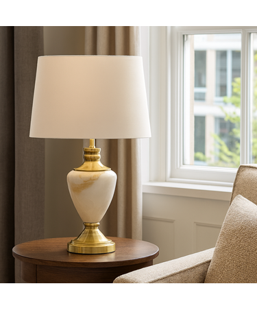 Hepburn Large Cream Marble Effect Table Lamp with Matching Shade - Cream & Gold