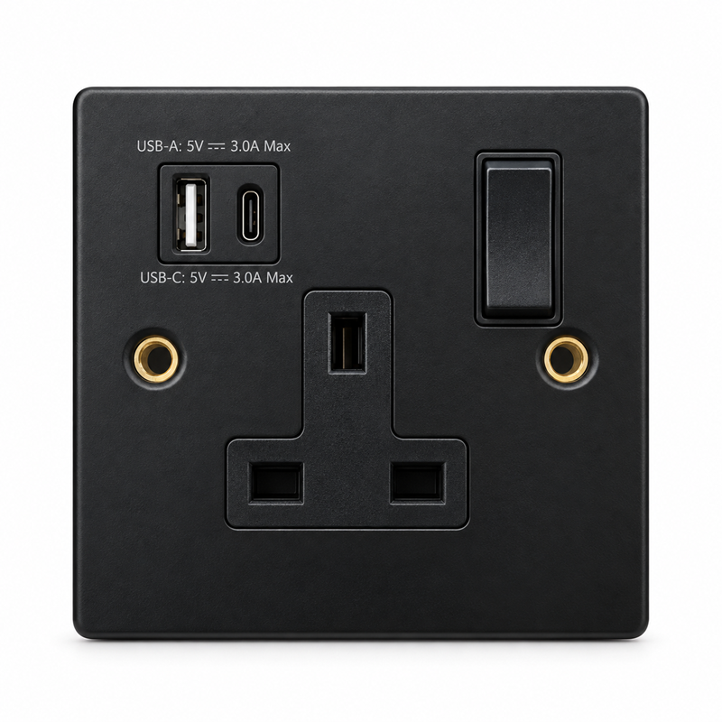 Round Edge Matt Black 1G Socket with USB-A & USB-C Round Edge Matt Black 1G Socket with USB-A & USB-C