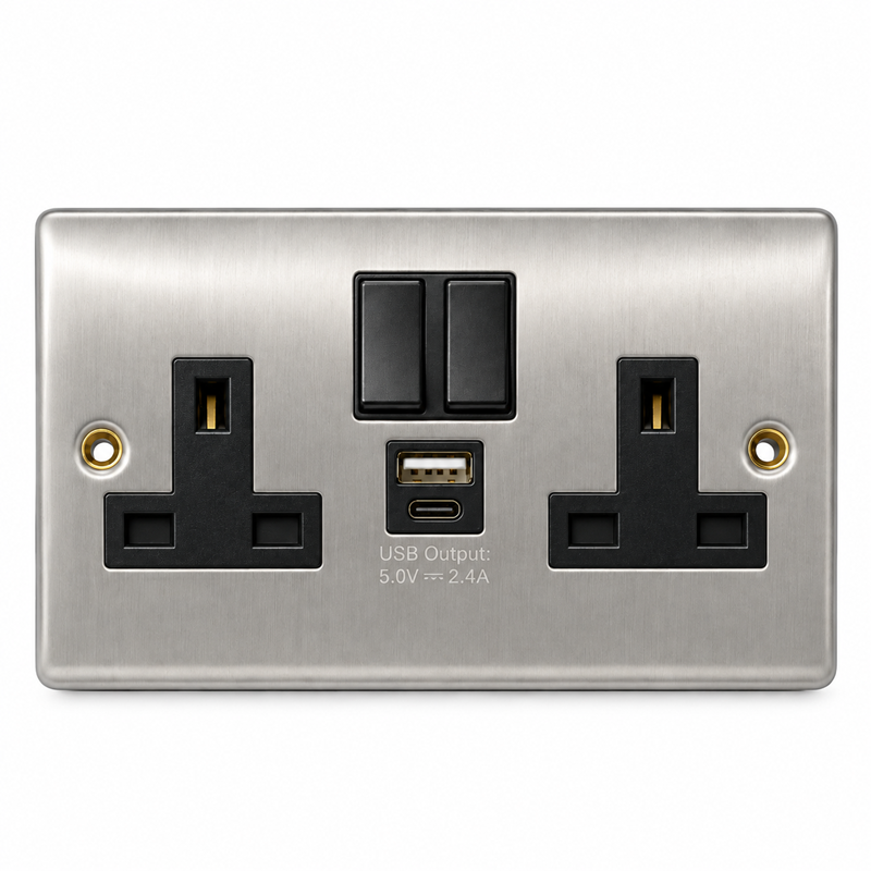 Round Edge Brushed Steel 2G Switched Socket with USB-A & USB-C Round Edge Brushed Steel 2G Switched Socket with USB-A & USB-C