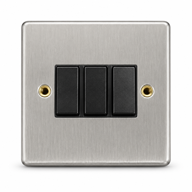 Round Edge Brushed Steel 10AX 3G 2W Switch Plate - Black Insert Round Edge Brushed Steel 10AX 3G 2W Switch Plate - Black Insert