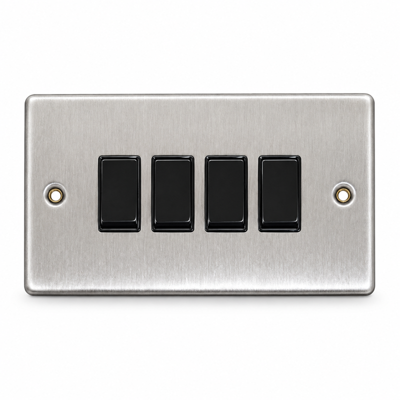 Round Edge Brushed Steel 10AX 4G 2W Switch Plate - Black Insert Round Edge Brushed Steel 10AX 4G 2W Switch Plate - Black Insert