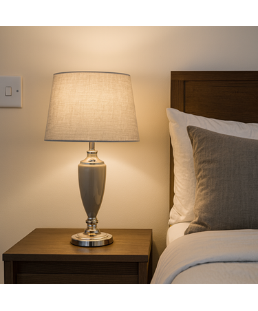 Malham Large Classic Ceramic Table Lamp with Shade - Grey and Satin Silver