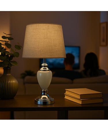 Malham Grey Ceramic & Chrome Modern Table Lamp With Hessian Drum Shade Malham Grey Ceramic & Chrome Modern Table Lamp With Hessian Drum Shade