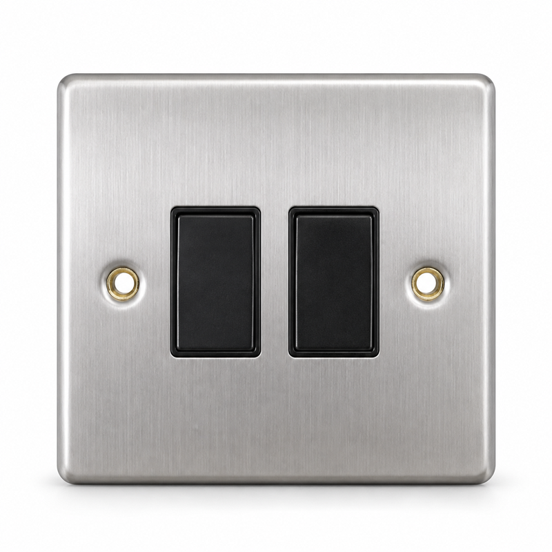 Round Edge Brushed Steel 10AX 2G 2W Switch Plate - Black Inserts Round Edge Brushed Steel 10AX 2G 2W Switch Plate - Black Inserts