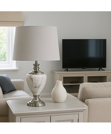 Hepburn Large Grey Marble Effect Table Lamp with Grey Shade - Grey & Silver