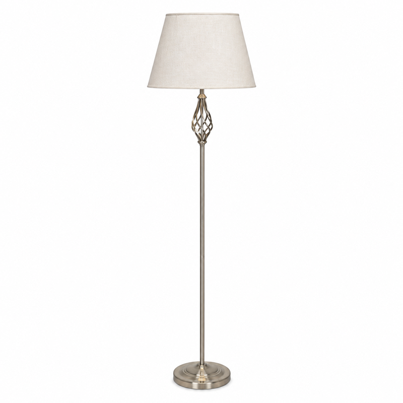 Queenswood Traditional Barley Twist Silver Floor Lamp with Ivory Linen Shade Queenswood Traditional Barley Twist Silver Floor Lamp with Ivory Linen Shade