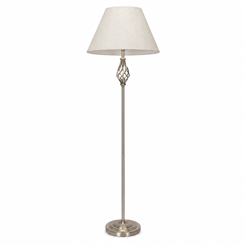 Kingswood Barley Twist Traditional Floor Lamp - Satin Silver with Cream Shade Kingswood Barley Twist Traditional Floor Lamp - Satin Silver with Cream Shade