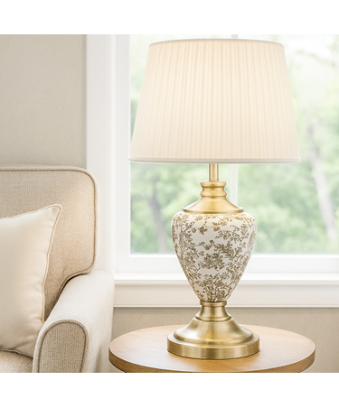Hepburn Large Ceramic Table Lamp with Cream Gold Shade - Gold Print & Brass