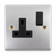 Round Edge Brushed Steel 13A 1G DP Switched Socket - Black Insert