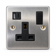 Round Edge Brushed Steel 1G Switched Socket with USB-A & USB-C