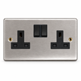 Round Edge Brushed Steel 13A 2G DP Switched Socket - Black Insert