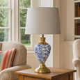 Hepburn Large Ceramic Table Lamp with White Gold Shade - Blue Print, Brass