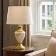 Hepburn Large Cream Marble Effect Table Lamp with Matching Shade - Cream & Gold