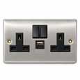 Round Edge Brushed Steel 2G Switched Socket with USB-A & USB-C