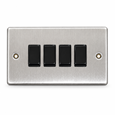 Round Edge Brushed Steel 10AX 4G 2W Switch Plate - Black Insert