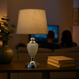 Malham Grey Ceramic & Chrome Modern Table Lamp With Hessian Drum Shade
