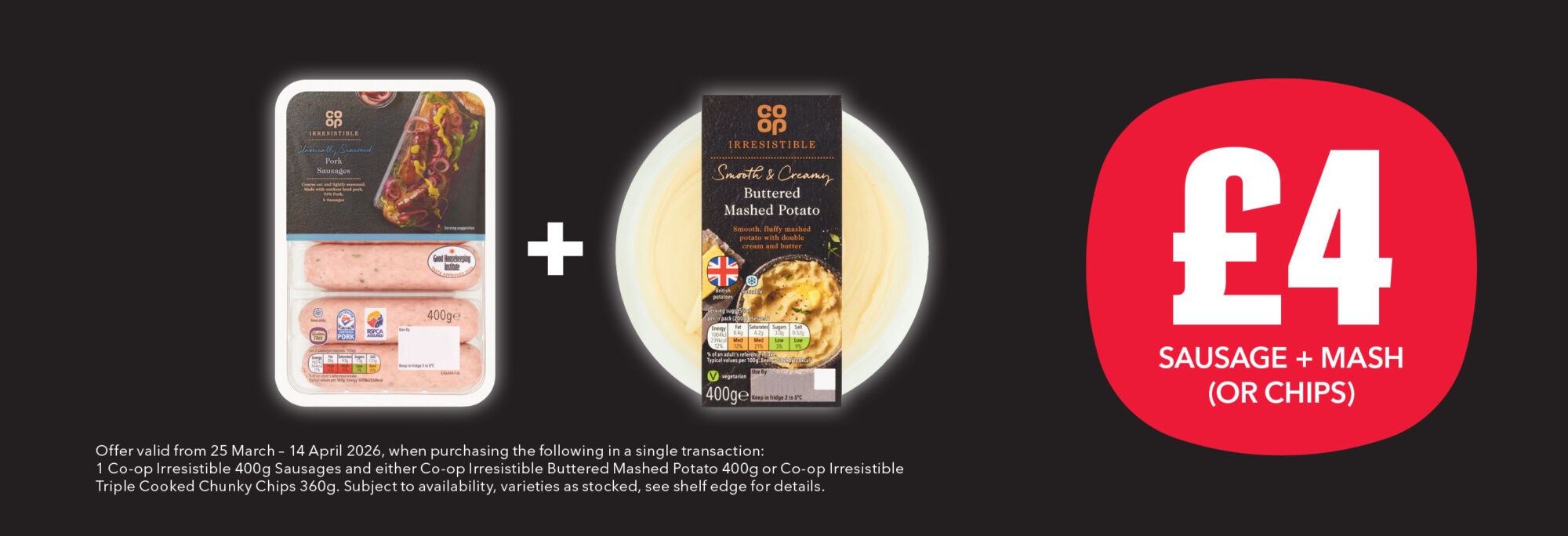 FOO807021 P05 Irr Sausage And Mash Chips REDO Shelf Talker Large 70x210 POS007 COP133655 1