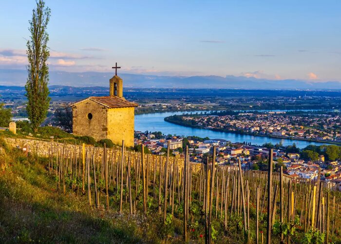 Getty Images 1957696087 Grand cru vineyard and Chapel of Saint Christopher Tain l Hermitage Rhone Alpes France jpg