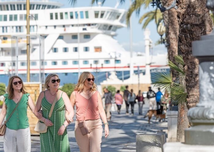 Guests ashore in Cadiz Balmoral in background 1
