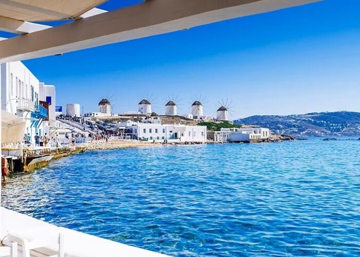 Mykonos greece windmills from restaurant