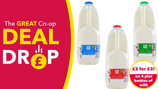 Image fof offer 2 for £3 on four pint bottles of milk!