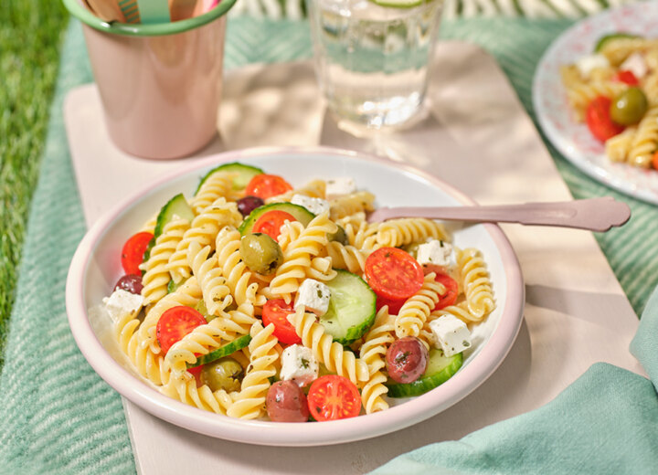 Greek style pasta salad