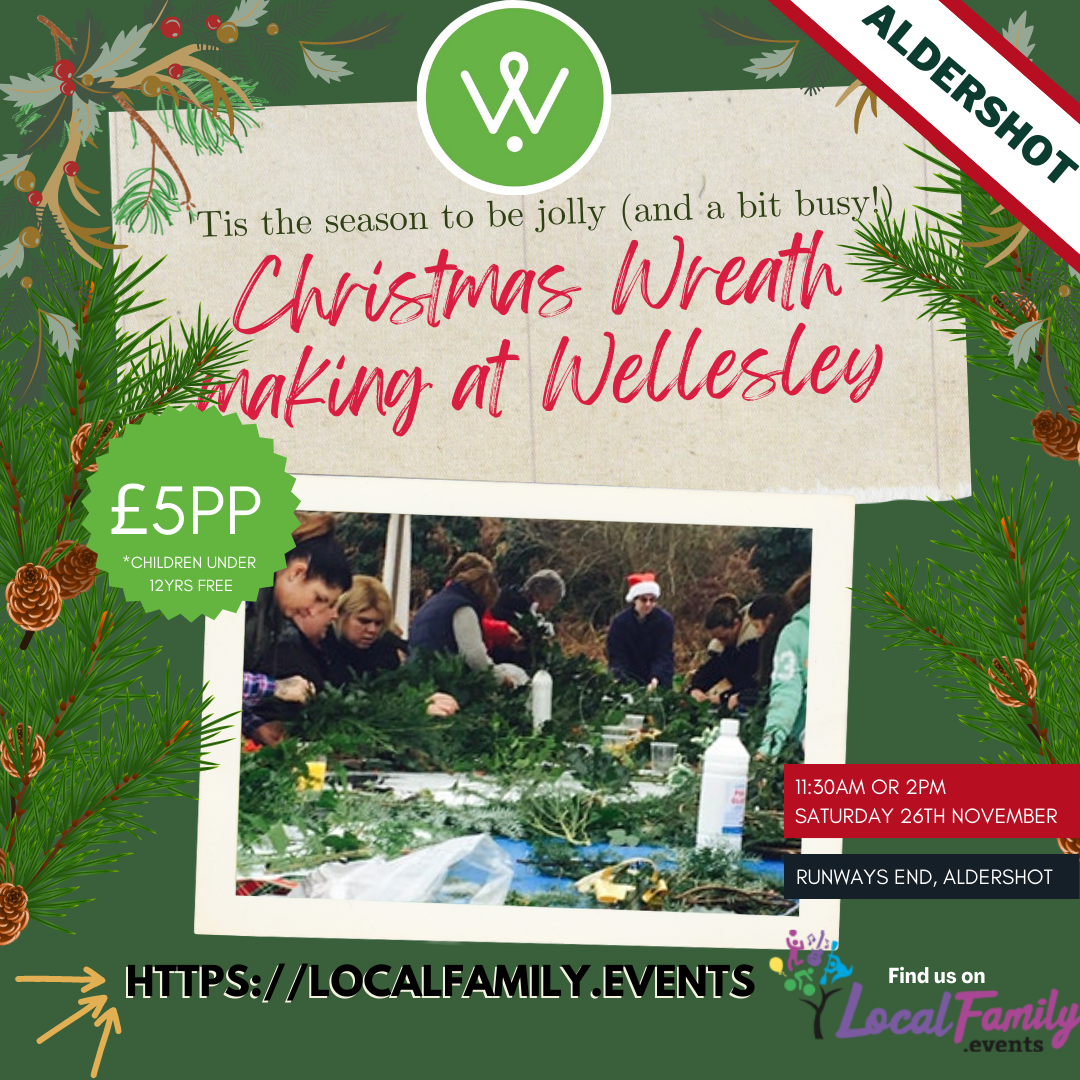 Christmas wreath poster with people making wreaths outdoors on a table filled with winter leaves