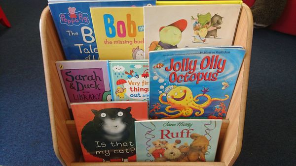 Kids books in a bookshelf