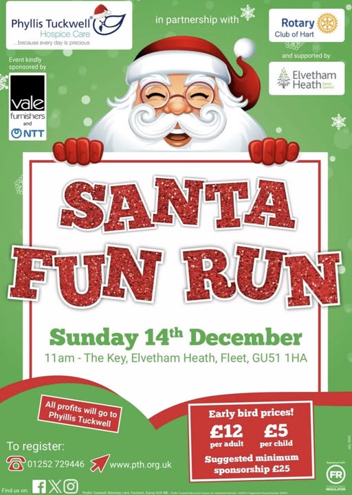 Poster with lots of runners wearing Santa Hats,The poster lets people know that the Frimley Jingle jog is on the 13th December at 9am