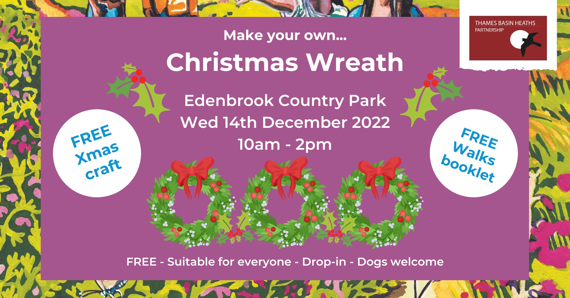 Christmas wreath poster with people making wreaths outdoors on a table filled with winter leaves