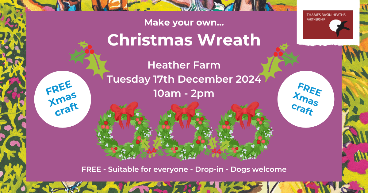 Christmas wreath poster with people making wreaths outdoors on a table filled with winter leaves