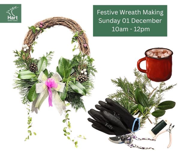 Christmas wreath poster with people making wreaths outdoors on a table filled with winter leaves