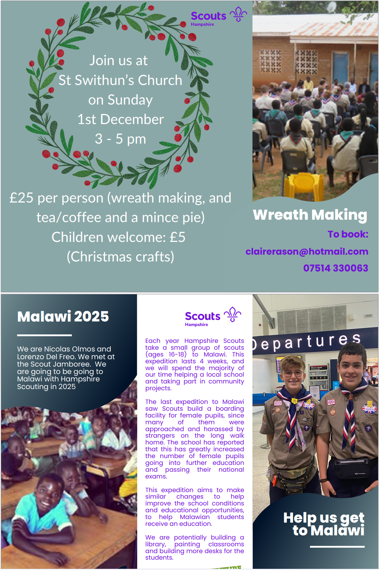 Christmas wreath poster with people making wreaths outdoors on a table filled with winter leaves