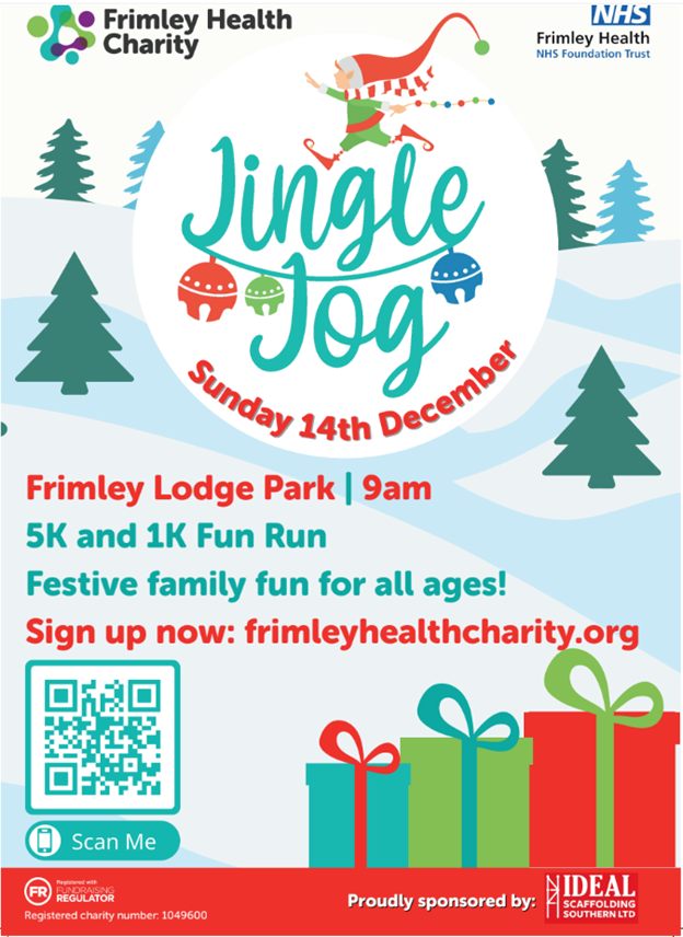 Poster with lots of runners wearing Santa Hats,The poster lets people know that the Frimley Jingle jog is on the 8th December at 9am