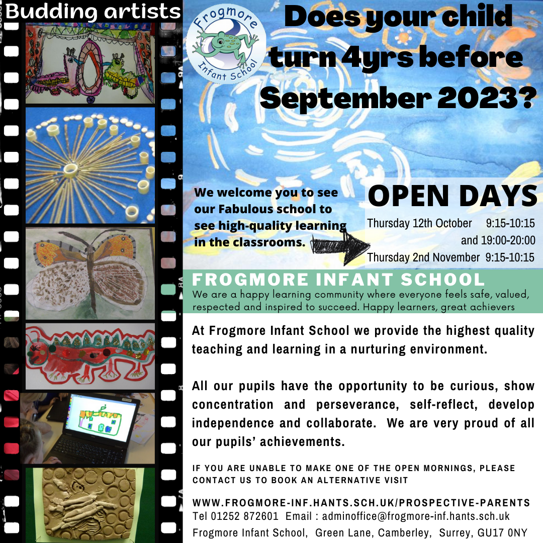 This poster shows a selection of the creativity that Frogmore infant school children demonstrate. Including paints, digital, printing and pasta