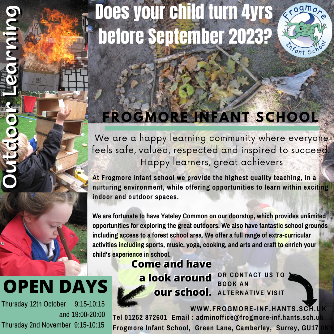This poster shows children at Frogmore infant school learning about the Fire of London, creating structures outdoors and learning in the outdoor classroom.
