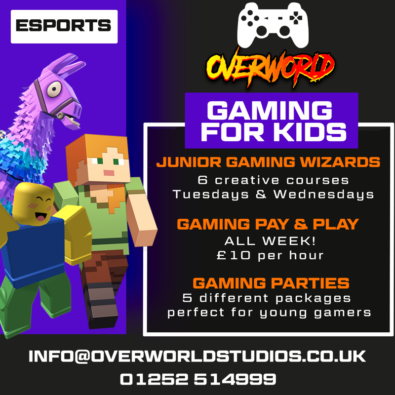 Overworld Gamiling for kids poster, with robox, and minecraft images.