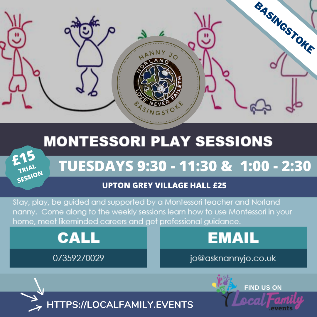 A poster advertising Nany Jo stay and play sessions in upton grey village hall on Tuesdays at 09:30