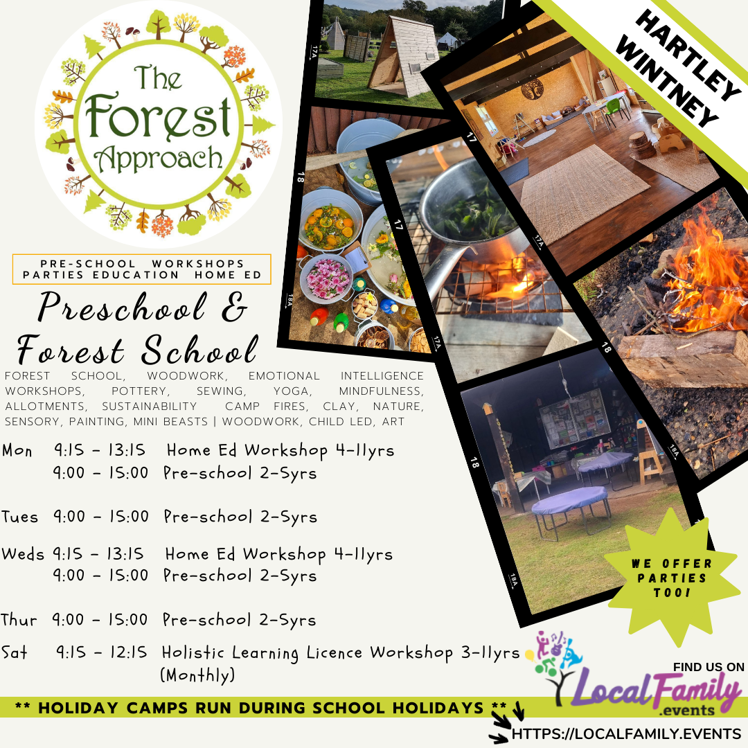 The Forest approach offers workshops - parties  education - hOME eD poster includes photos of campfire ooking and clay art