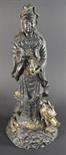 Guanyin auf Drachensockel, re. Hand in Vitarka Mudra, Metall m. Steinfüllung, schwarze Patina m.