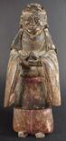 Holzskulptur "Guanyin", in den Händen eine Schale haltend, Reste alter Farbfassung, China, h. 24cm