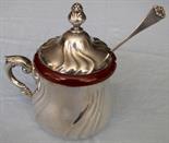 Sugar jar, 830 silver with glas and spoon. Austria?  191 grams gross. 10 cm high.    Reserve