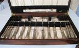 Old silver cutlery in box for 6 persons.  Cutlery 844 grams gross. Marked with 13 and B. In used