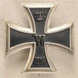 Prussia  Iron Cross, 1914, 1. class.  Blackened iron core, silver frame, on pin hallmarked G.