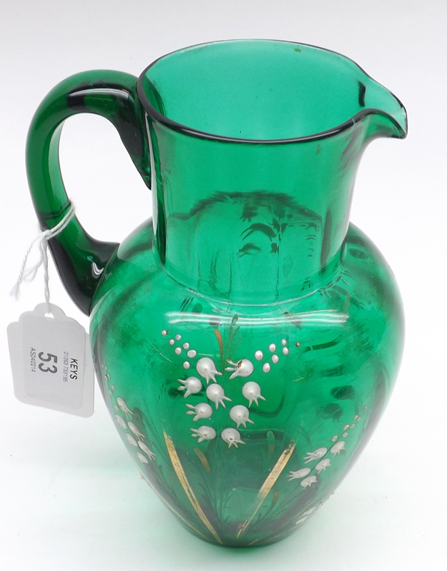 A Victorian Green Glass SingleHandled Jug decorated with a painted