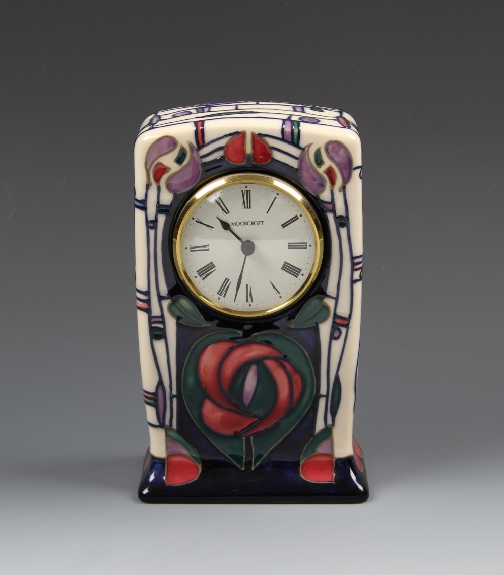 A Moorcroft mantle clock, Charles Rennie Mackintosh pattern by Rachel