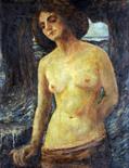 Framed, indistinctly signed with initials, oil on canvas, half length portrait of a semi-nude maiden