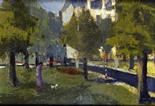 Framed, oil on board, 20th Century park scene with woman in purple coat walking her dog, bearing