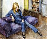 B. P. Framed, signed with initials, oil on board, 20th Century portrait of a girl seated on purple